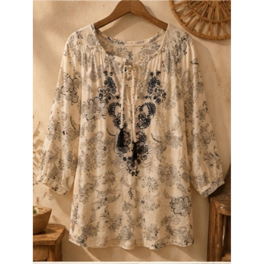 Malvin Hamburg Germany Boho Paisley Embroidered Linen Top Women Size Medium